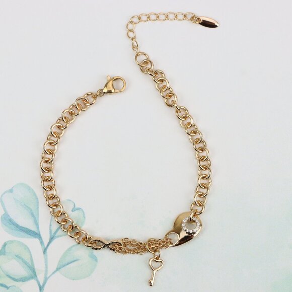 "Rose Gold Heart & Charm Link Bracelet in Premium Gold Plated Brass, XPBL0907 - Picture 1 of 13